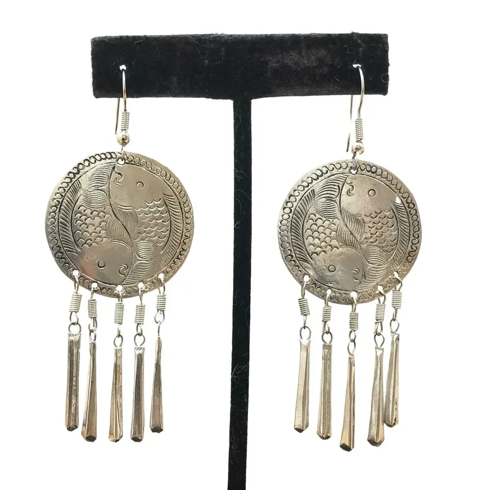 Sterling Silver Handcrafted Koi Fish Drop Dangle Earrings Etched Design 3” Long
